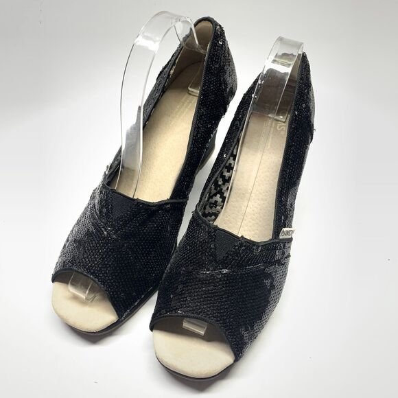 Toms Shoe Womens 10 Black Sequin Wedge Open Toe Slip On Sandals - Picture 1 of 9
